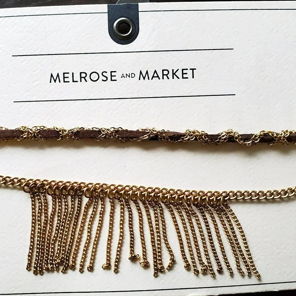 NWT Nordstrom Tribal Boho Festival Gold Chain Leather Choker Fringe Necklace